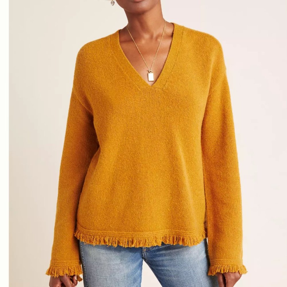 Anthropologie Joy Fringed V Neck Alpaca Sweater Size XS - New With Tags